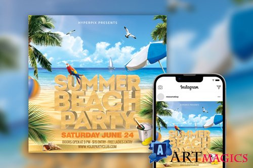 Gorgeous Topical Summer Beach Party Instagram Post Template Beautiful PSD