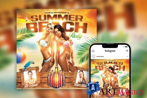 Dazzling Tropical Summer Beach Party Instagram Post Template PSD