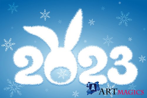 White cartoon winter 2023 new year number with rabbit tail and ears, chinese new year concept