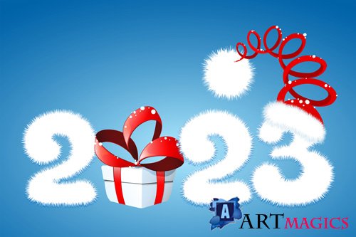 Cute fluffy white cartoon 2023 new year number with gift box and santa claus hat