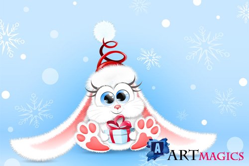 Cute fluffy cartoon white bunny in winter santa hat with little christmas gift box