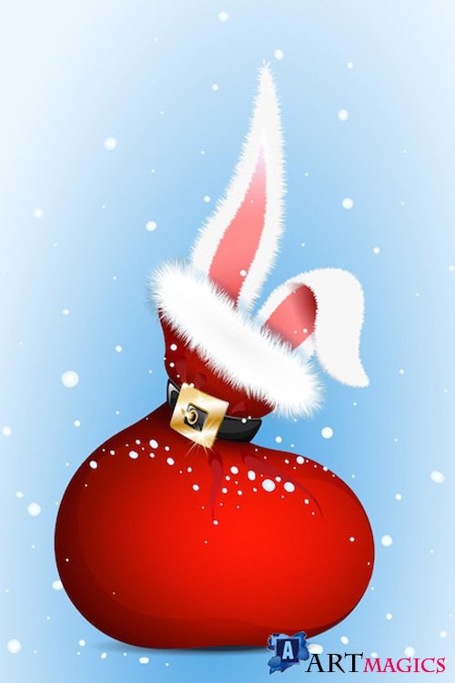 Santa's bag with sticking out rabbit ears, concept of christmas and chinese new year