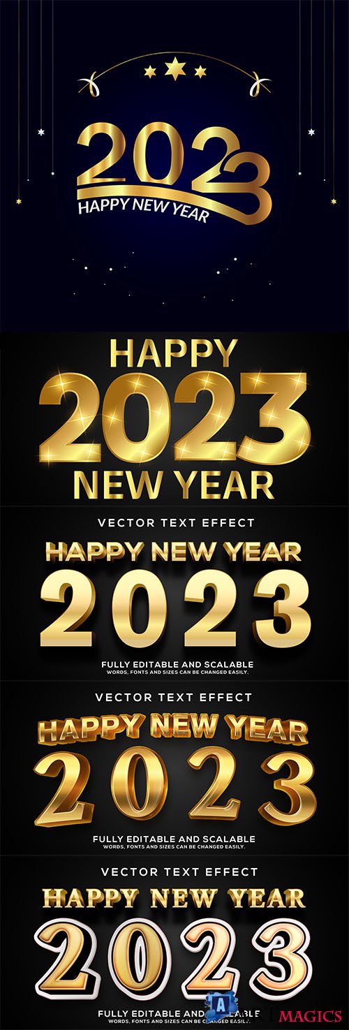 Gold happy new year 2023 3d bold editable text vector effect