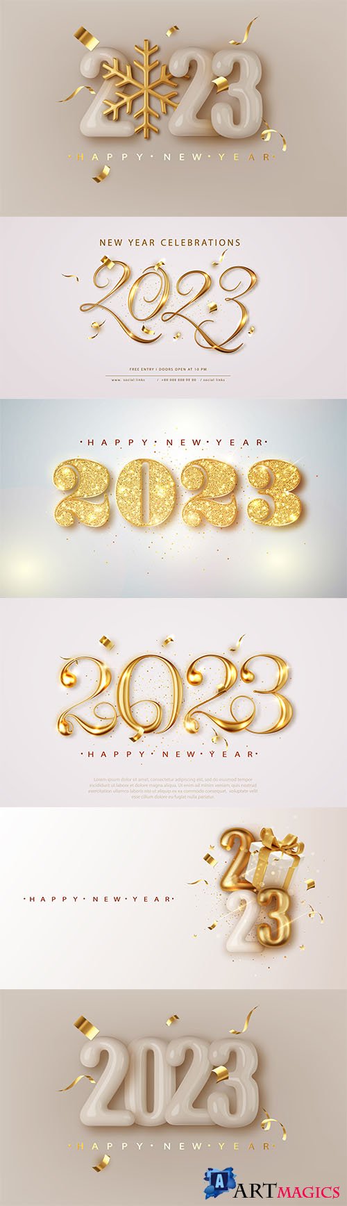 2023 happy new year elegant banner with falling confetti on bright background