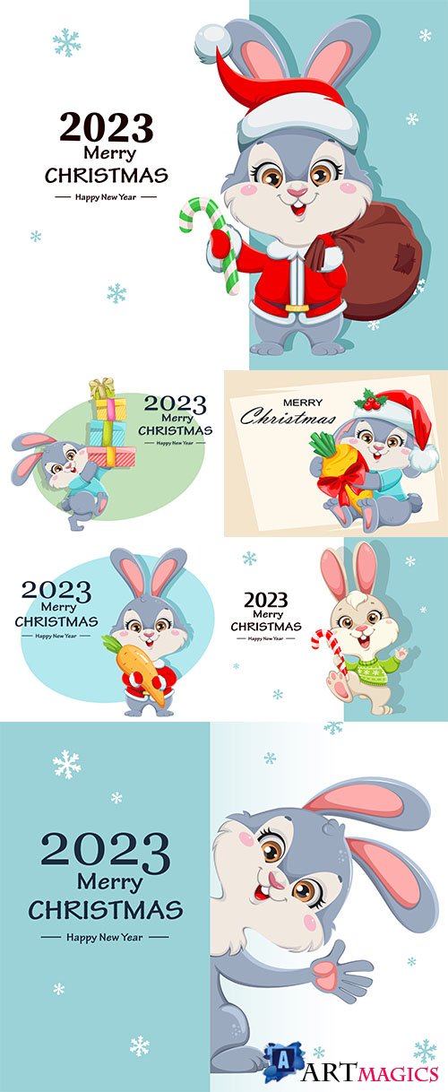 Merry xmas and happy new year cute cartoon rabbit