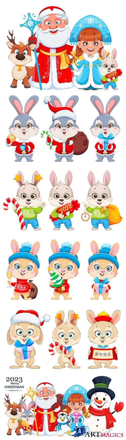 Cute rabbit, santa claus, snow maiden, snowman and cartoon animals christmas vector
