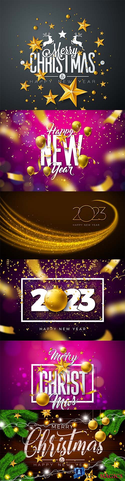 Merry christmas and happy new year illustration with gold glass ball, star and light garland