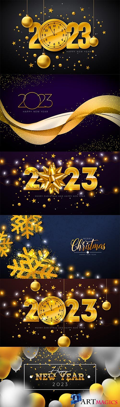 Happy new year 2023 illustration with gold number clock and ornamental glass ball on dark background