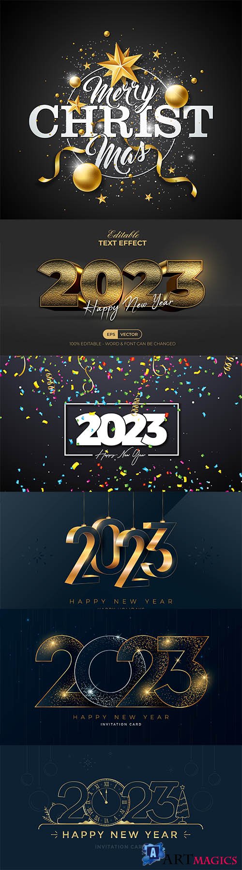 2023 illustration with gold lettering and party balloon on dark background