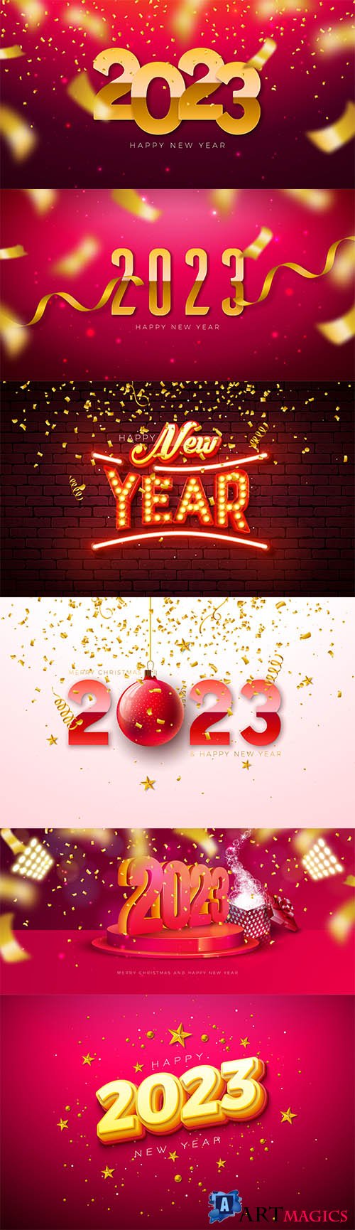 Happy new year 2023 illustration with glowing light bulb number and gold star