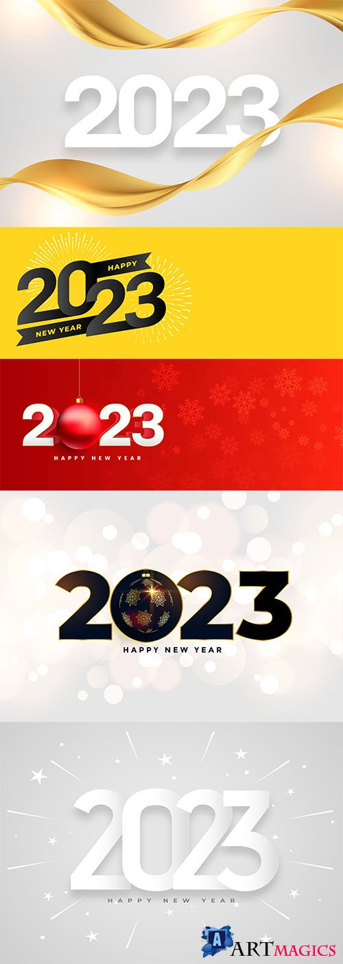 Happy new year 2023 holiday card with golden ribbon