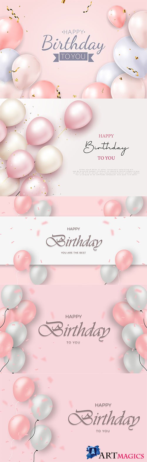 Realistic happy birthday background with pink and white balloons