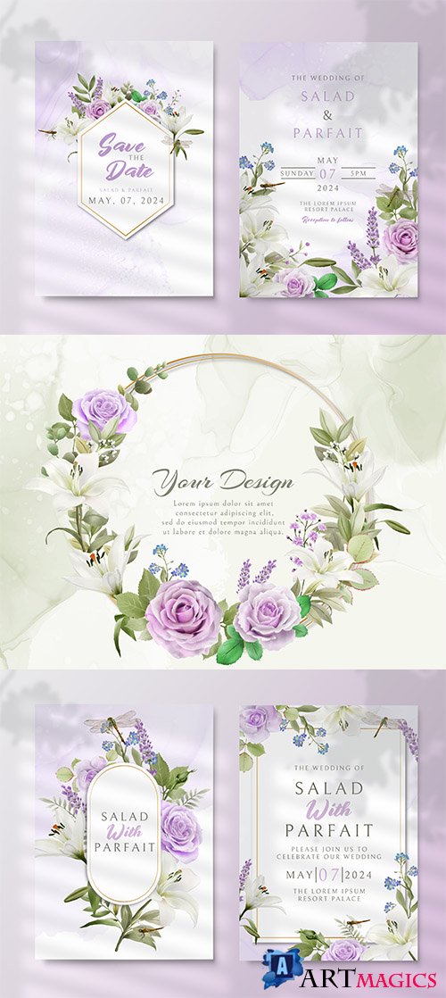 Romantic wedding invitation card with greenery floral psd