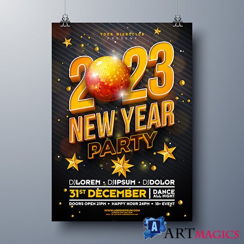 New year party celebration poster template design with 3d 2023 number and shiny disco ball