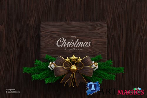 Dark wooden signage mockup with pine leaves and bow knot isolated vol 2