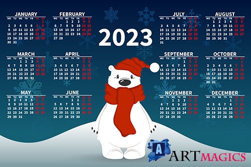 Yearly calendar 2023 with a cute polar bear on the background of a snowy landscape illustration