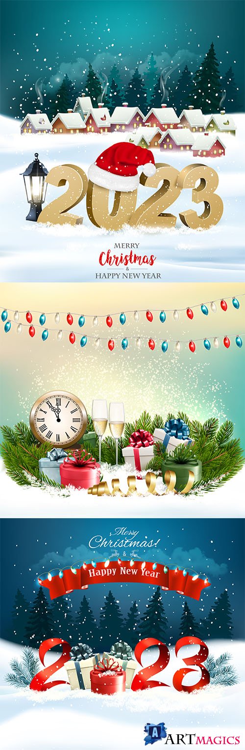 Christmas background with colorful garland and 2023