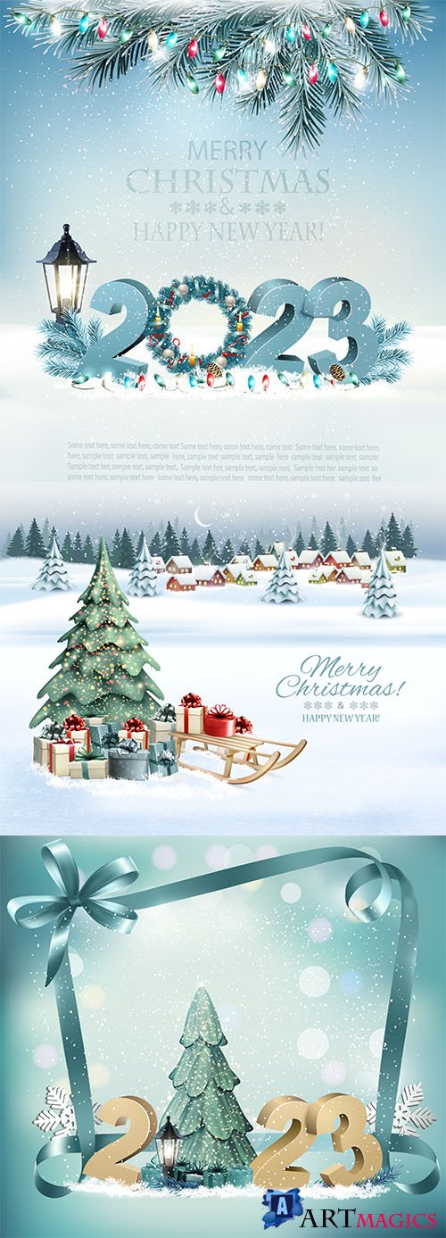 Holiday background with landscape and christmas tree