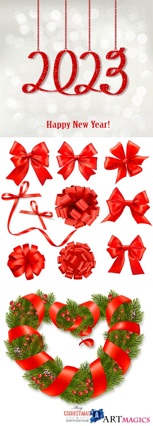New Year 2023 and gift red bows and ribbons