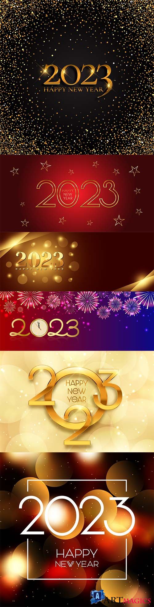 Vector happy new year background with gold numbers 2023 and confetti