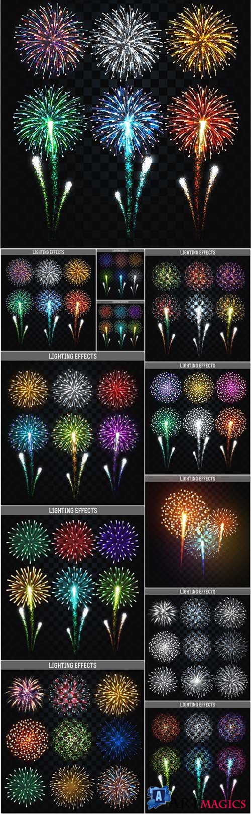 Vector fireworks set, realistic bright colorful salutes