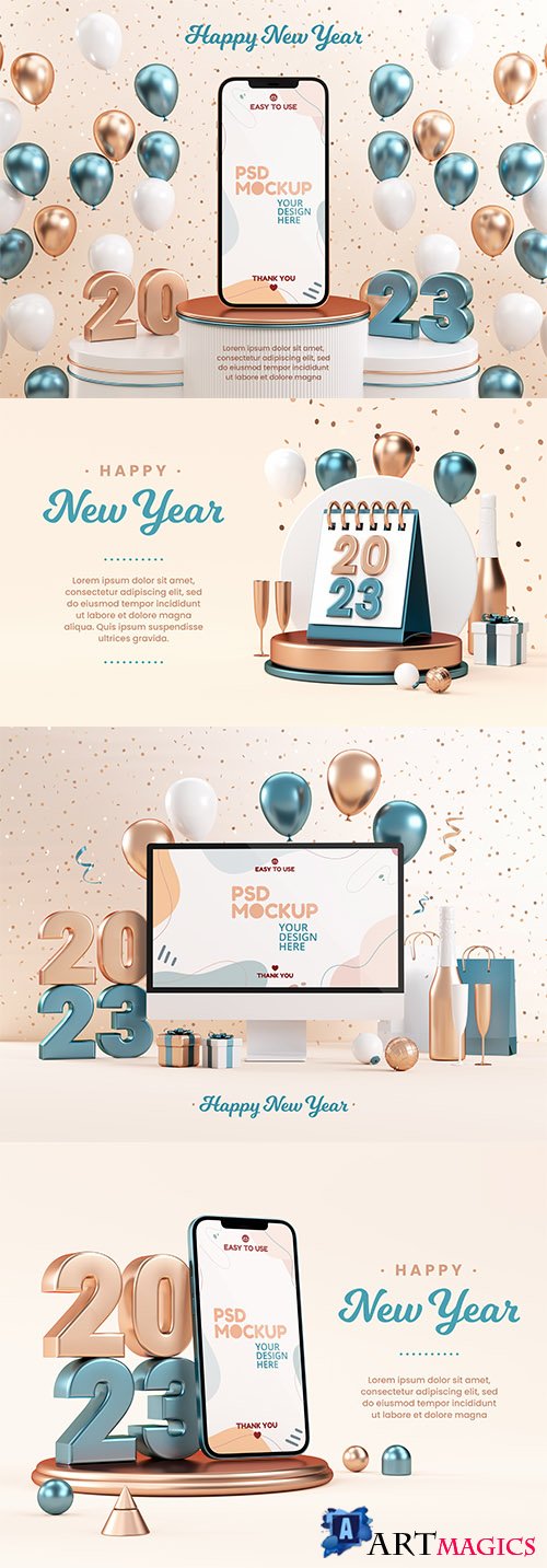 PSD new year 2023 card with numbers and christmas background in 3d render