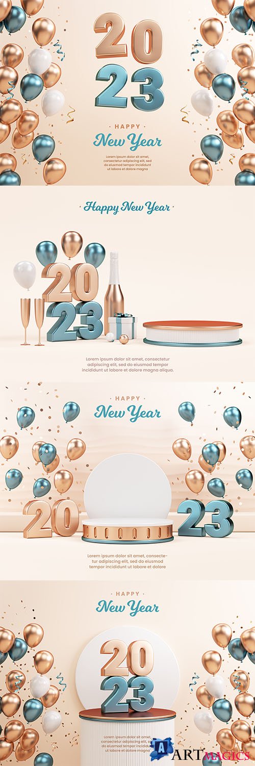 PSD 2023 festive flyer background with metallic numbers on a podium gold balloons and copy space