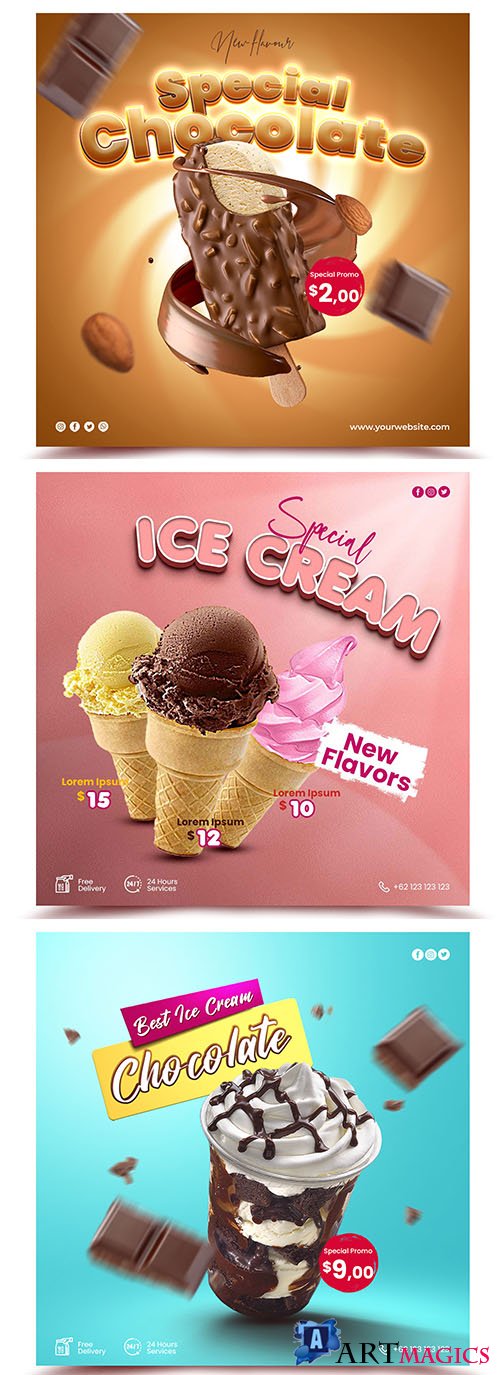 PSD ice cream menu promotion with social media post template
