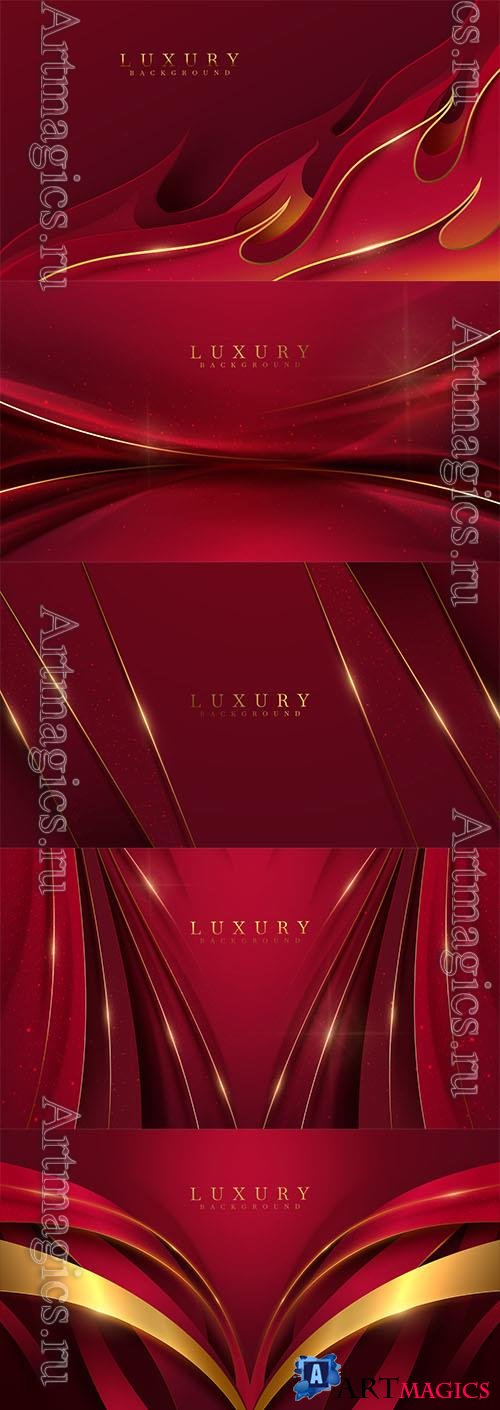 Red luxury background with ribbon elements and golden curve line