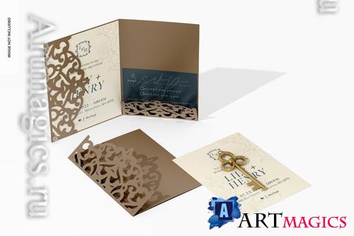PSD double invitation card with die cut mockup opened and closed