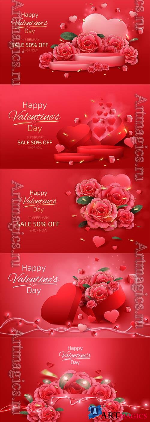 Vector valentine's day background decorated with heart shaped gift boxes and red roses