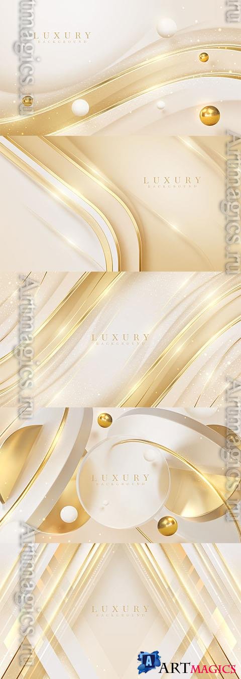 Vector gold abstract luxury background with 3d geometric shape parts decoration and ball with shiny element