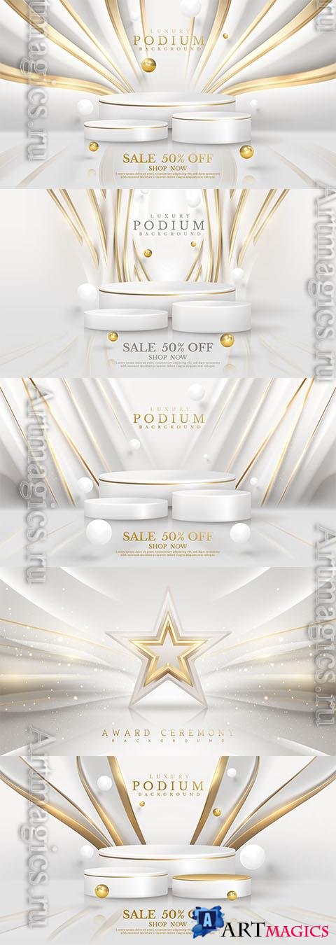 Vector 3d white product display podium background with gold line decoration and balls elements