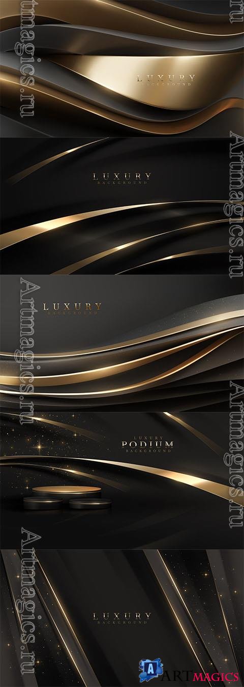 Black luxury background with golden curve elements and glitter light effect decoration