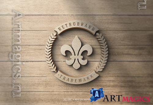 PSD realistic 3d wooden logo mockup on textured wood