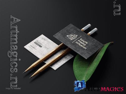PSD business card mockup scene with wood texture
