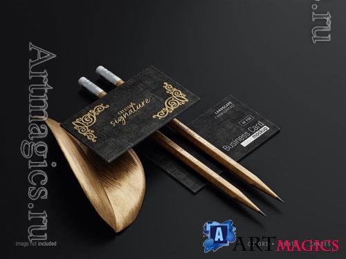 PSD horizontal business cards mockup scene with wood texture