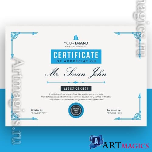 PSD elegant certificate template with blue decor