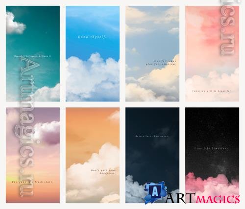 PSD sky and clouds psd mobile wallpaper template with inspiring quote set