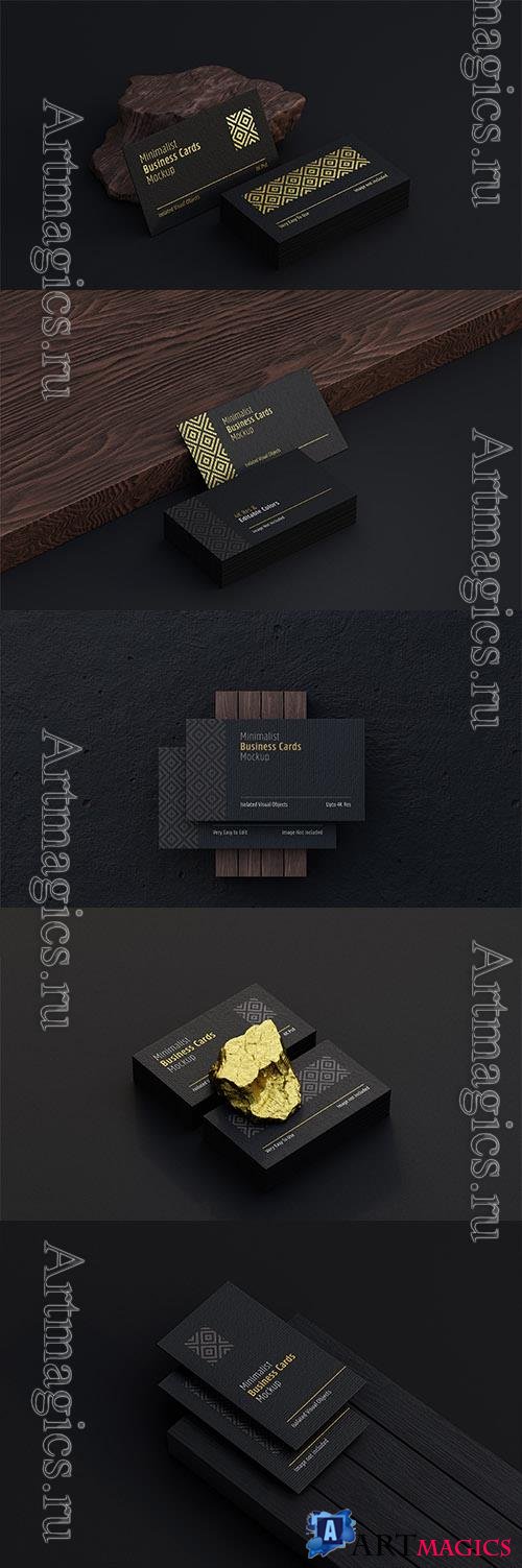 PSD stacked black business card mockup with golden foil print effect
