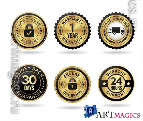 Vector shopping badge of free shipping warranty money back and satisfaction
