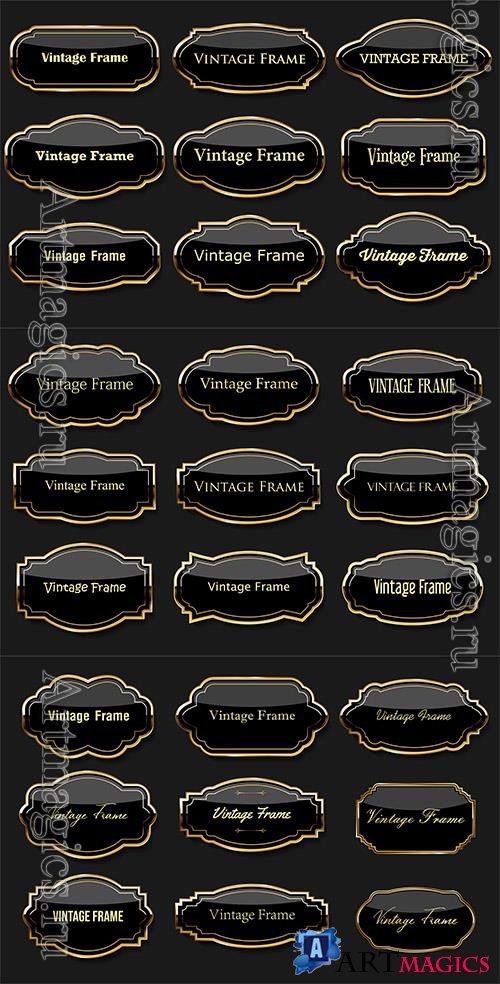 Vector collection of golden badges, vintage frame and labels retro style