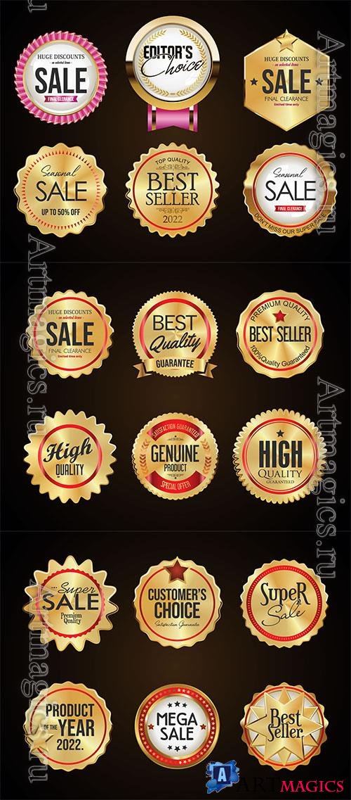 Vector collection of golden badges and labels on black background