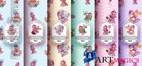 Vector seamless pattern cartoon character adorable animal fire hydrant