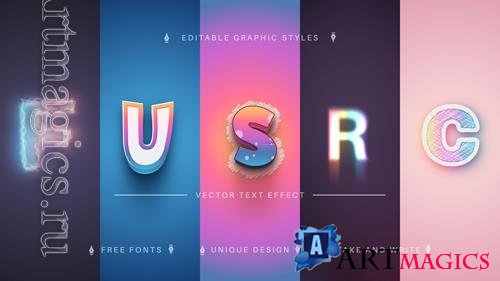 Vector set 5 unicorn plastic text effects font styles