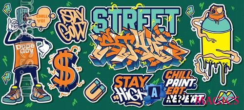 Vector a set of colorful or vibrant graffiti art sticker designs, street art urban theme vol 4