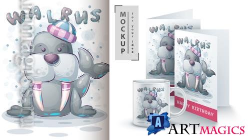 Vector winter walrus poster and merchandising