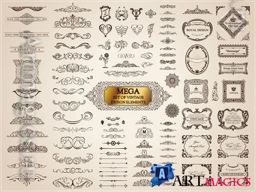 Vector calligraphic vintage elements design frames ornament and dividers