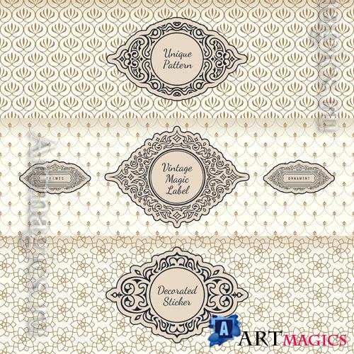 Vector design labels and horizontal frames packaging on seamless background vintage ornament