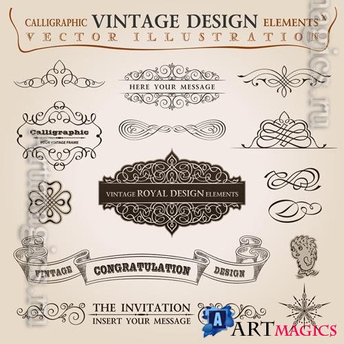 Vector calligraphic elements vintage set and congratulation ribbon frame ornament decor